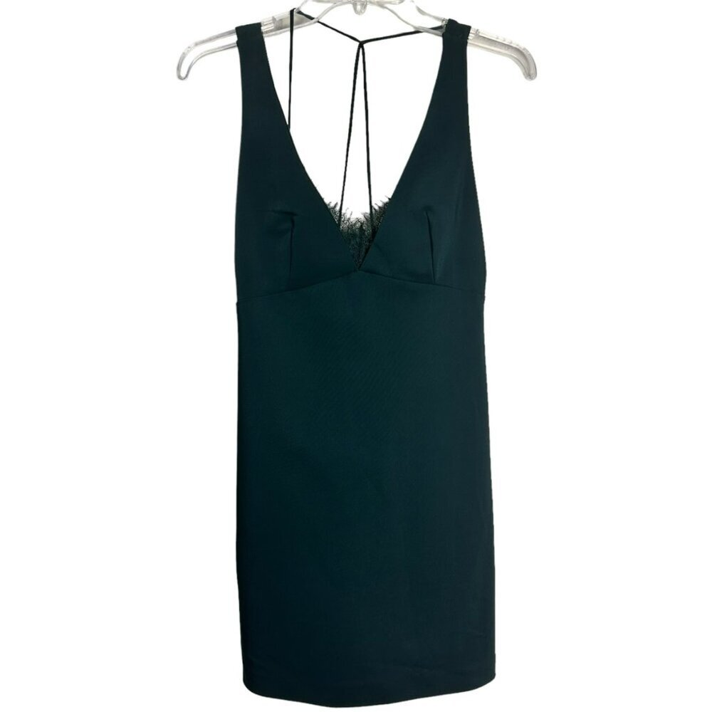 Zara Green Sleeveless Deep V-Neck Mini Dress Lace Trim Strappy Back Design Small - Picture 4 of 15